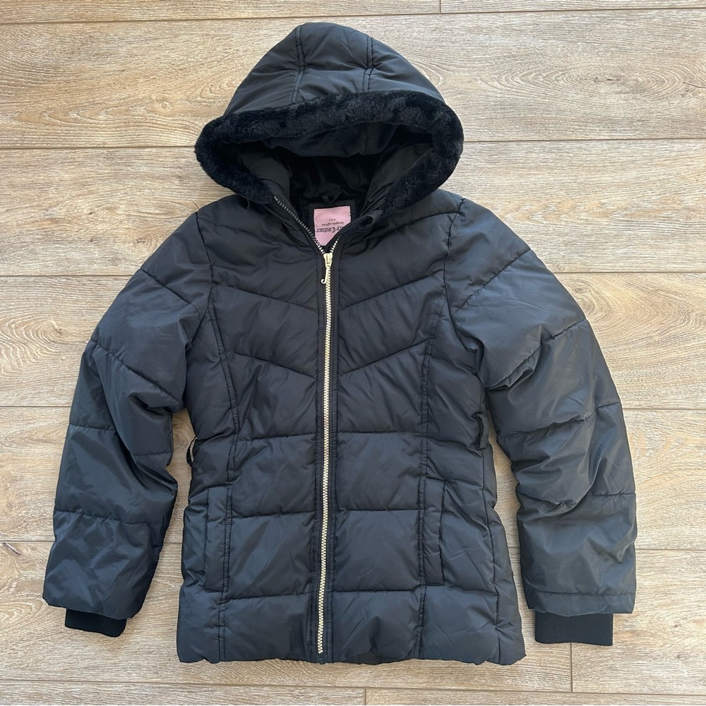 Juicy Couture Black Puffer Coat Hood Fleece Interior Big Girl Sz 14 Gold Zipper